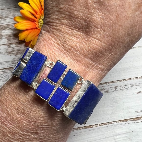 Lapis Lazuli Bracelet Handmade Stone Gemstone 925 Silver Large Ethnic Boho New! - Picture 12 of 15